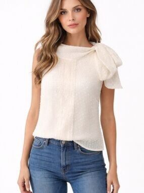 Banana Republic Factory Cream Swiss Dot One-Shoulder Bow Top Size 10P